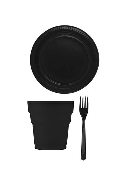 Anka Black Plastic Plate Cup Fork Set for 24 Persons