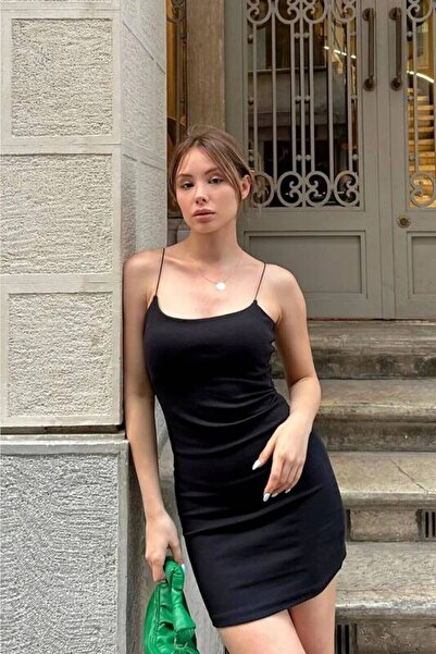 HARMONY GLOBAL Kadın Yazlık Dar İp Askılı Mini Elbise Siyah