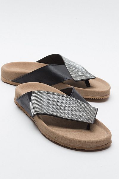 LuviShoes BEEN Black Stone Leather Women's Flip Flops