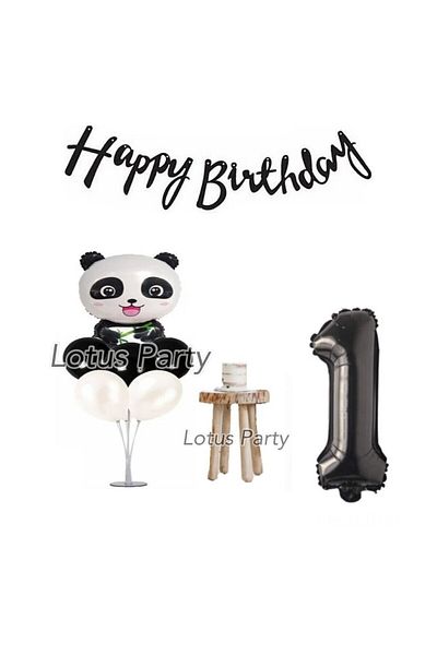 LOTUS PARTY Σετ για πάρτι γενεθλίων με θέμα Panda 1 έτους Μίνιμαλ Σετ για πάρτι γενεθλίων Panda Foil Balloon Stand Μαύρο φύλλο αριθμών