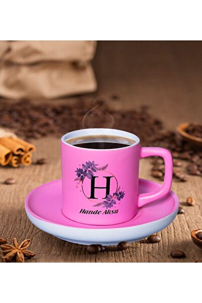 Bk Gift Kişiye Özel Baş Harfli İsimli Mat Pembe Renk Türk Kahvesi Fincanı-1, ...