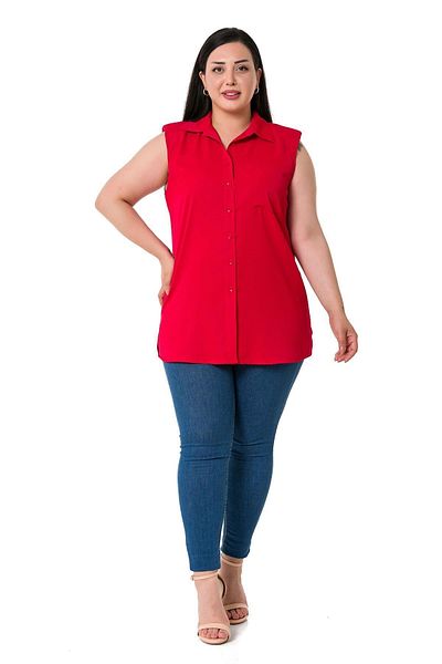 DISENTIS MODEST Large Size Single Pocket Padded Sleeveless Red Shirt