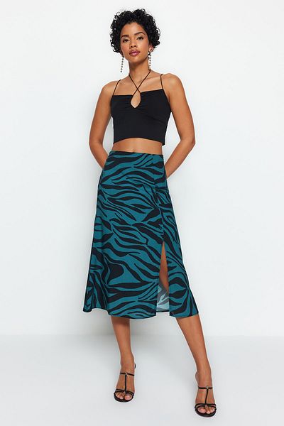 Trendyol Collection Benzin hasított viszkóz szövet állatmintás midi szőtt szoknya TWOAW22ET0447