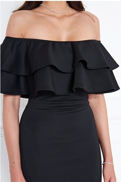 bayansepeti Esnek Dalgıç Kumaş Volan Detaylı Tasarım Yaka Midi Siyah Kalem Abiye Elbise 164