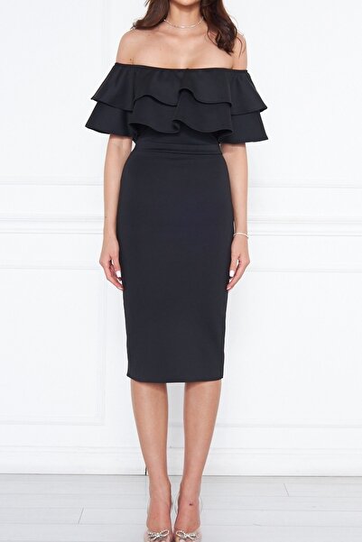 bayansepeti Esnek Dalgıç Kumaş Volan Detaylı Tasarım Yaka Midi Siyah Kalem Abiye Elbise 164