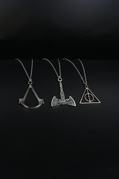 Dukkanka 3'lü Assassin's Creed, Viking Balta Ve Harry Potter Gümüş Renk Erkek Kolye Seti