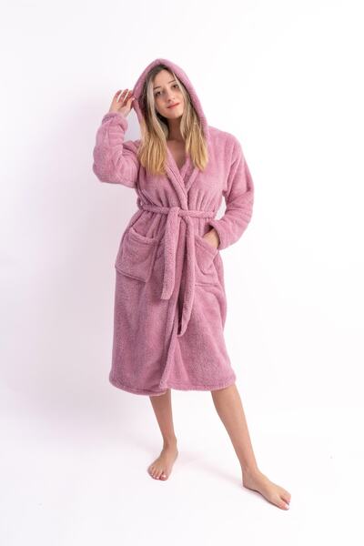 Sweets Collection Uzun Kapüşonlu Kadın Sabahlık Renkli Welsoft Peluş