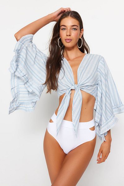 Trendyol Collection Striped Woven Tie-Up Crop Beach Blouse Tbess23Bz00077