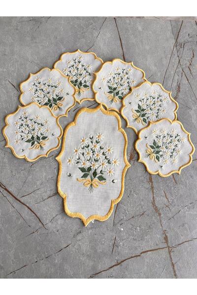 Nakışkonsept غطاء صينية مطرز بنمط ديزي ومنديل تقديم القهوة مكون من 6 قطع