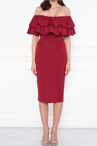 lovebox Rochie creion midi din țesătură flexibilă pentru scufundări roșu claret cu design detaliat cu volan 164