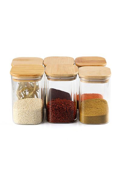 Karçiçeği Home 3-Piece 500 ml Square bamboo lid luxury vacuum Spice Jar