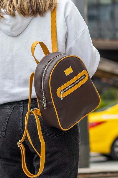 Garbalia Oslo Brown Yellow Women's Backpack with Double Inner Pocket Detail and External Zipper Eyes