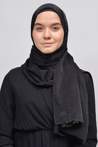 Altobeh Γυναικείο μονόχρωμο Glitter Glitter Hijab Γυαλιστερό βραδινό φόρεμα - Μαύρο