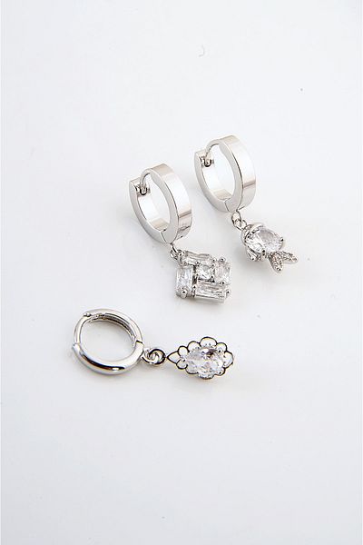 EUROMODA Silver Plated Steel Specially Designed Zircon Stone 3 Piece Earring Set