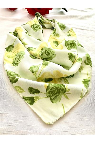 alsaccessories Eșarfă vegană 100% mătase bandana cu imprimeu floral verde pe fundal de culoare crem