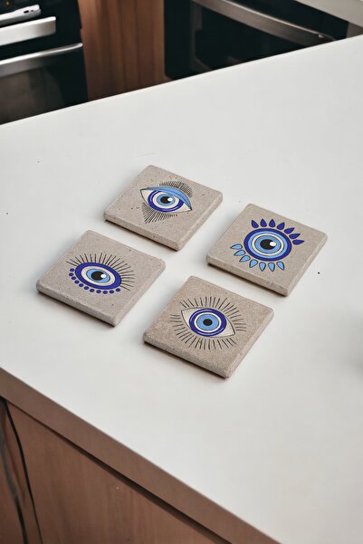 Baumatelier Evil Eye and Eye Themed Natural Stone Travertine Coasters Set of 4