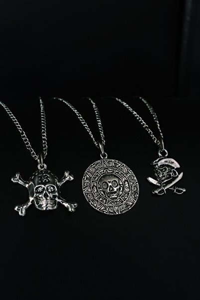 Dukkanka 3'lü Karayip Seti 13 Kurukafa Aztec Madalyon Kılıç Korsan Kolye