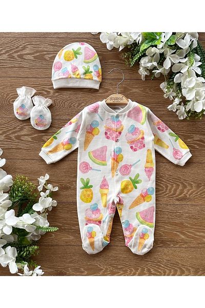 Renkli Puset Organic Cotton 3 Piece Baby Girl Romper with Hat, Gloves and Booties, Cupcake