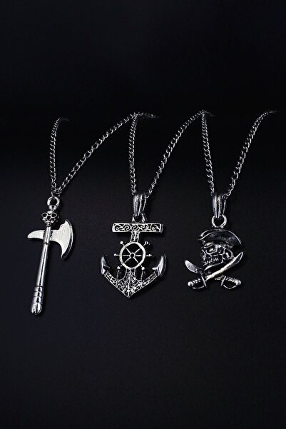 Dukkanka 3'lü Korsan Kılıç Denizci Çapa Ve Kurukafa Bala Erkek Kolye Seti