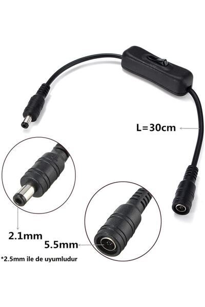 Maviaybilisim Anahtarlı Dc Adaptör Güç Power Dişi Erkek Bağlantı Kablosu 5.5x2.1mm
