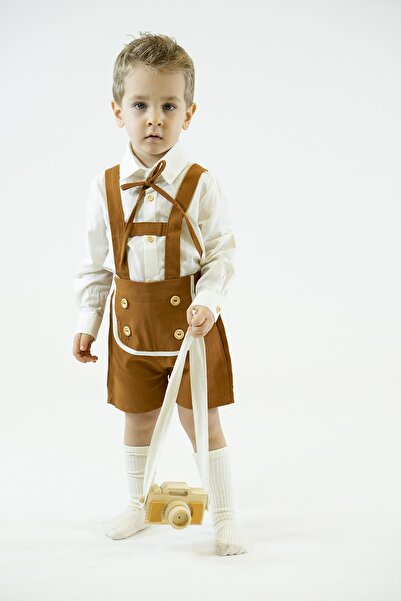 Catz Kids Shorts Brown Gabardine Button Front Salopet + Classic Long Sleeve Shirt + Rope