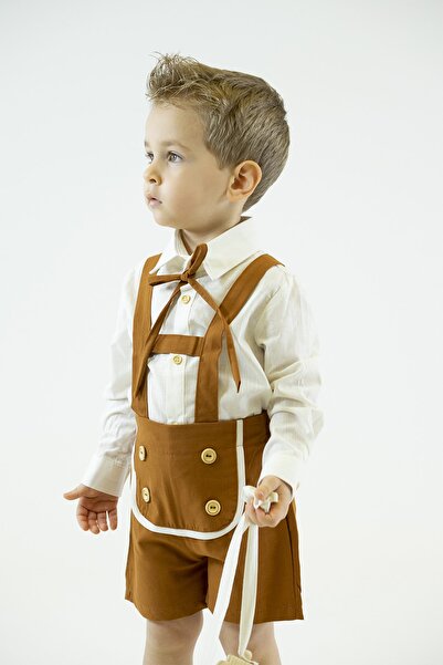 Catz Kids Shorts Brown Gabardine Button Front Salopet + Classic Long Sleeve Shirt + Rope