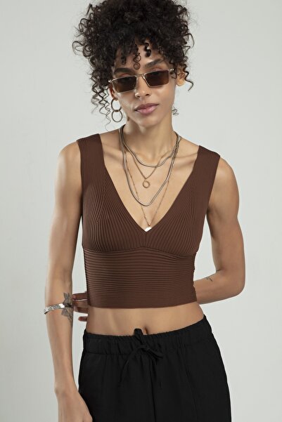 sifu tekstil Kahve Renkli Kadın Spor Atlet Fitilli Triko Büstiyer Crop Top Bluz