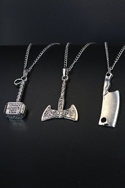 Dukkanka 3'lü Thor Çekiç, Viking Balta Ve Satır Erkek Kolye Seti