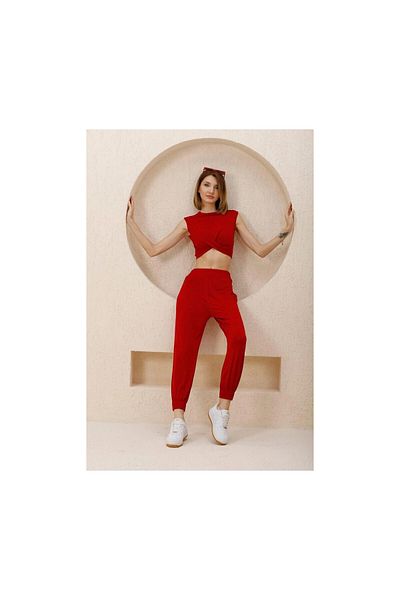 hazelin Women's Red Knotted Front Bottom-Top Double Shalwar Suit HZL23S-SND120141