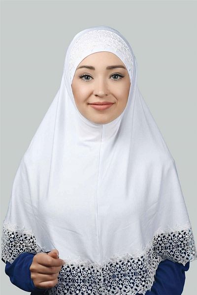 Altobeh Σετ δύο Δαντελένια Πρακτικά Κασκόλ Ready Hijab and Hijab Bonnet Xl - Λευκό