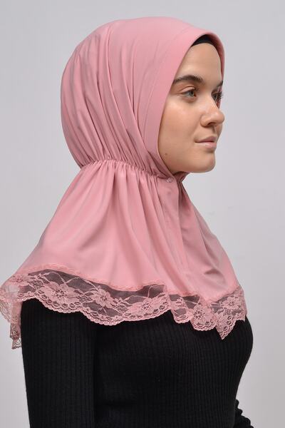 Altobeh Lacy Rubber Drawstring Interlining Banded Snap Fastener Ready Turban Practical Scarf-pink