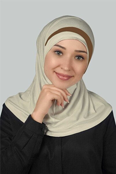 Altobeh Πρακτικό Φουλάρι έτοιμο τουρμπάνι Ειδικό Ημισελήνο Λεπτομερές Χιτζάμπ - Κρέμα - Σκούρο Βιζόν
