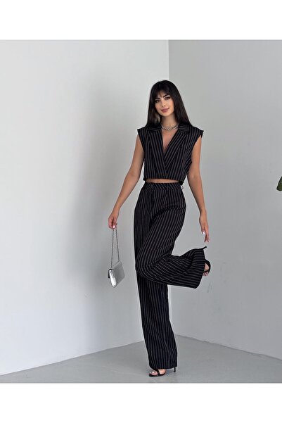 pembekurdelem Σετ ριγέ γιλέκο παντελόνι μαύρο