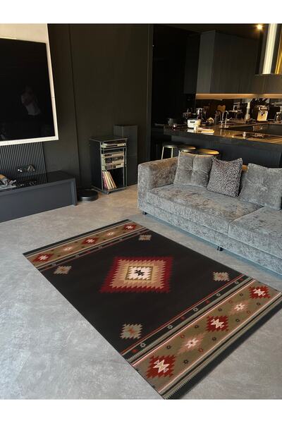 Rugs Modern Halı Black Ethnic Patterned Woven Base Digital Printed Carpet Mir...