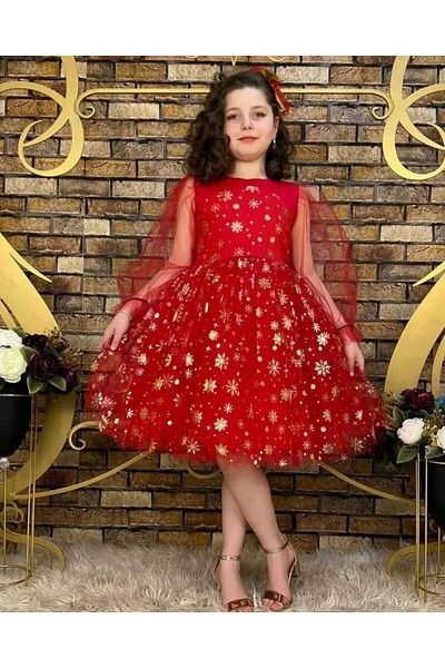 Pumpido Red Girl's Evening Dress - Printed and Snowflake