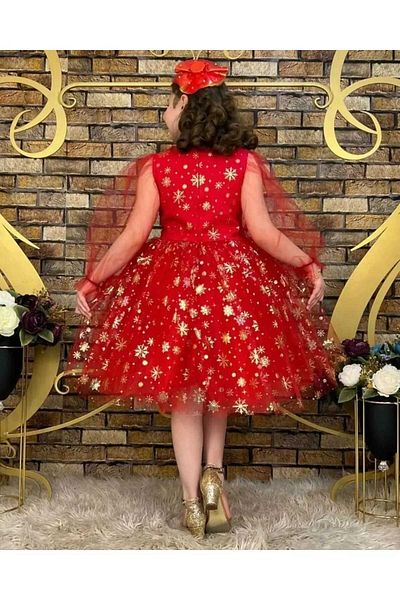 Pumpido Red Girl's Evening Dress - Printed and Snowflake