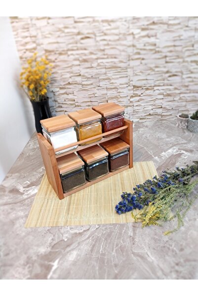 K&G foot rest Ahşap Kapaklı, 6 Parça Kare Cam Kavanozlu Raflı Ahşap Stand Bah...