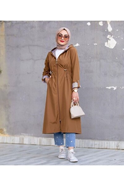 Designown Kahverengi içi cizgili bondit kumaş trençkot