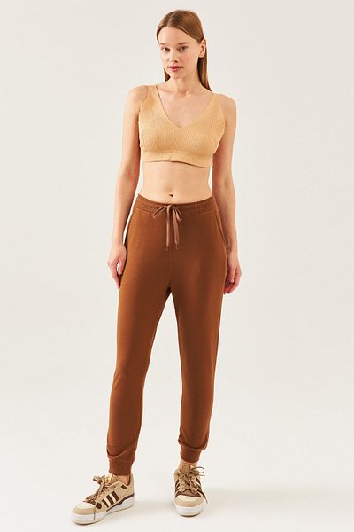 schlank Pantaloni de sport maro, elastici, cu picior Lok Stitch, tricotati, jogger