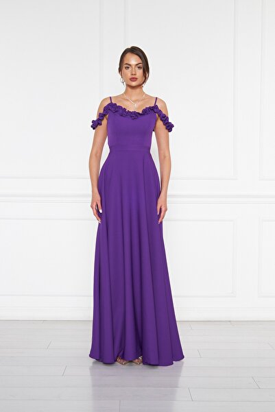 Bidoluelbise Kadın Ayarlanabilir Askılı Fırfır Detay Dokuma Kumaş Maxi Kloş Abiye Elbise