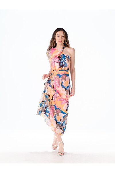 ŞEYDA ERTEM PATTERNED COLORED LONG DRESS WITH DIFFERENT SHOULDER DETAILS