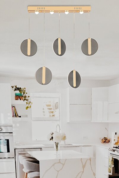 burenze Luxury Led Avize Gold Sarı Beşli Sarkıt Avize Gün Işığı Yemek Masası Modeli