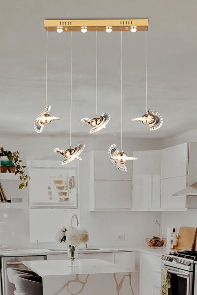 burenze Luxury Modern Crystal Sarkıt Led Avize Beşli Sıralı Yemek Masası Gold Sarı