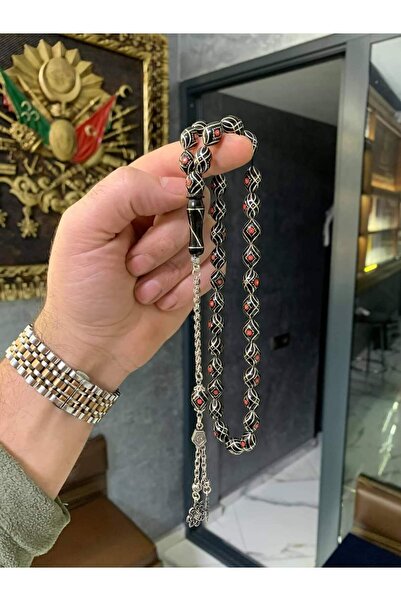 USTATESBİH 925 Gümüş Püsküllü Çeşmi-Bülbül İşlemeli Erzurum Oltu Taşı Tesbih