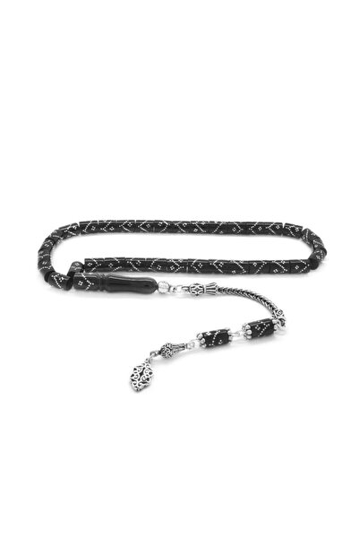 USTATESBİH 925 Ayar Gümüş Püsküllü Zigzag Işlemeli Kesme Kesim Erzurum Oltu Taşı Tesbih