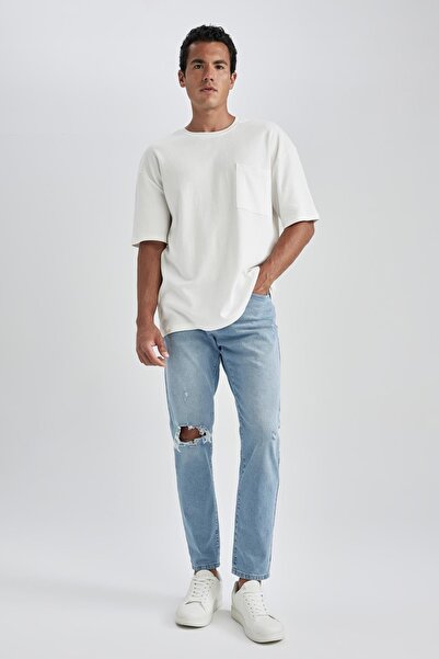 DeFacto Slim Tapered Fit Narrow Fit Regular Waist Shrinkable Leg Ripped Detailed Jean Trousers B0163ax23hs