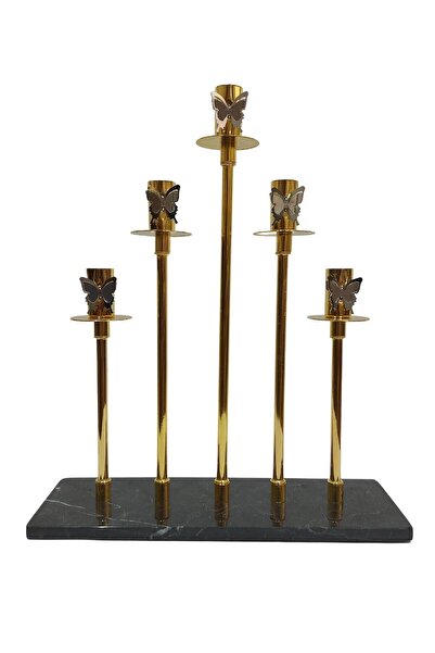 BİEV Biev 5'li Siyah Mermer Altın Şamdan