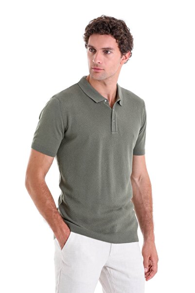 Hatemoğlu Khaki Regular Fit Jacquard Cotton Polo Collar Knitwear T-Shirt