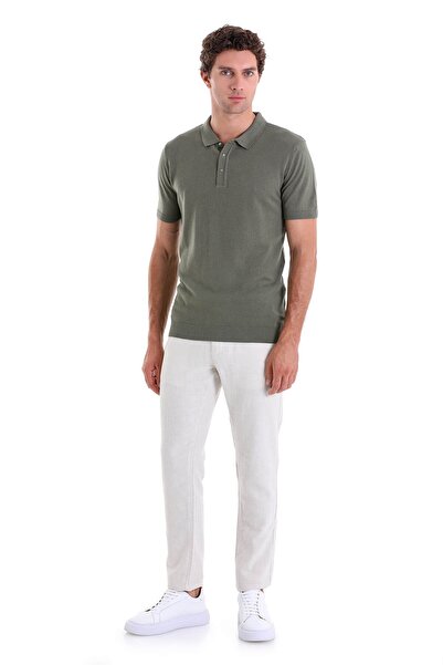 Hatemoğlu Khaki Regular Fit Jacquard Cotton Polo Collar Knitwear T-Shirt