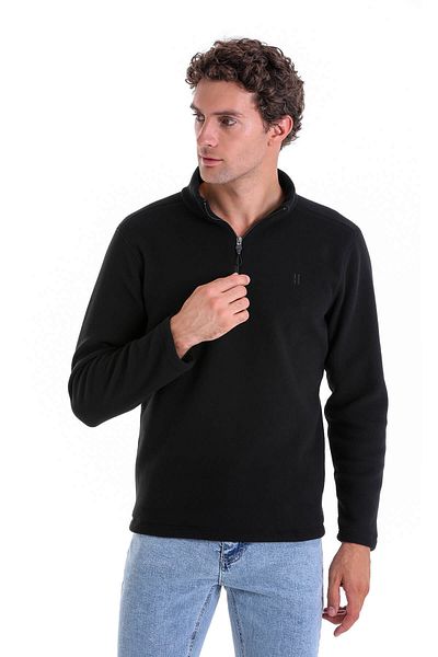 Hatemoğlu Black Regular Fit Plain Half Zipper Bato Collar Fleece Sweatshirt